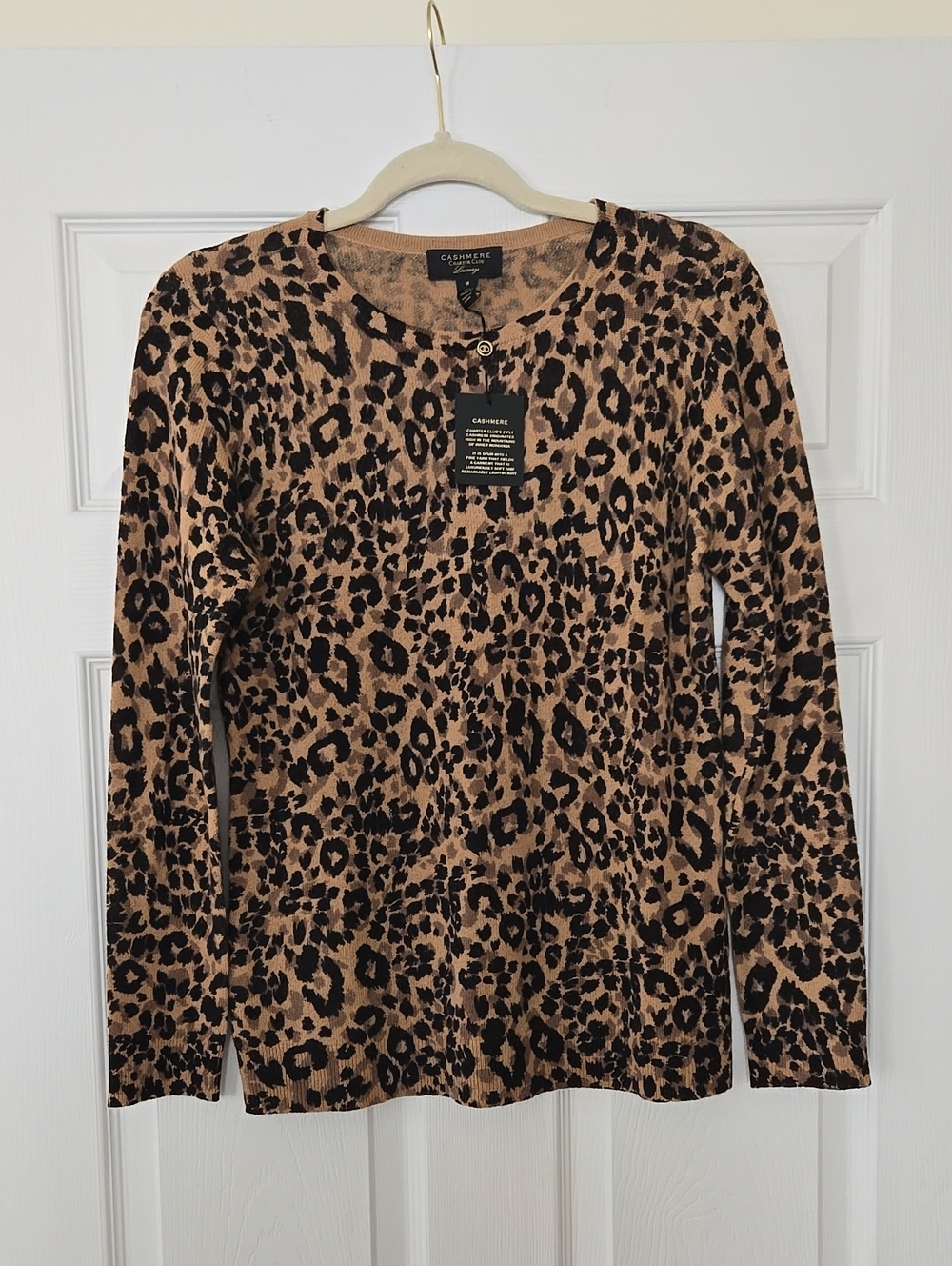 NWT Charter Club Cashmere Brown and Black Leopard-Print Lightweight Sweater Top - Picture 2 of 6